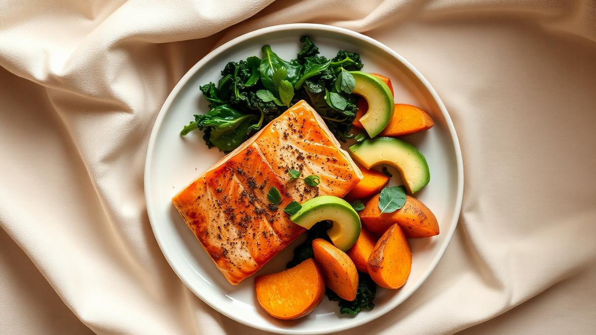 A plate of roast salmon with sweet potato, sauteed kale and avocado