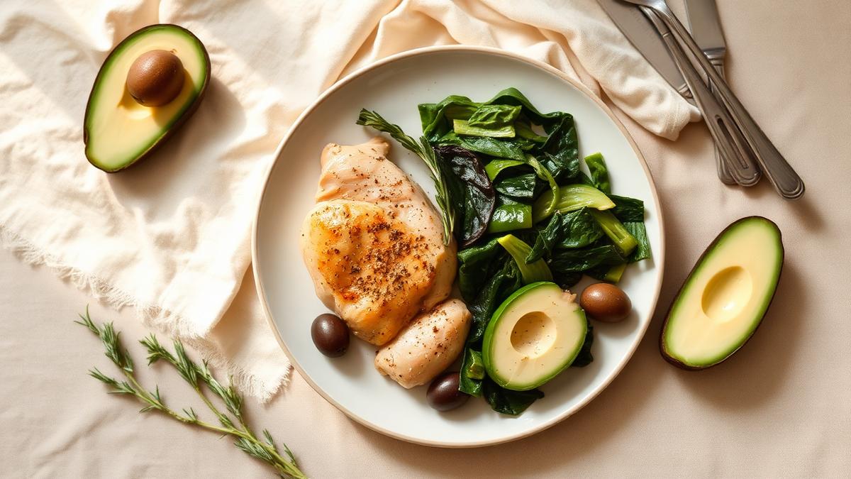 A plate of baked chicken with sauteed greens, avocado and olives
