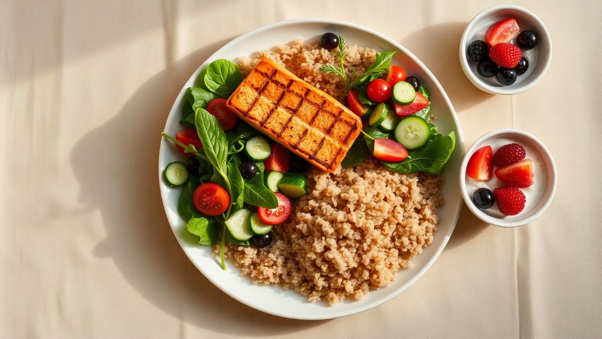 A plate of grilled salmon with brown rice and a fresh green salad, plus yogurt and berries