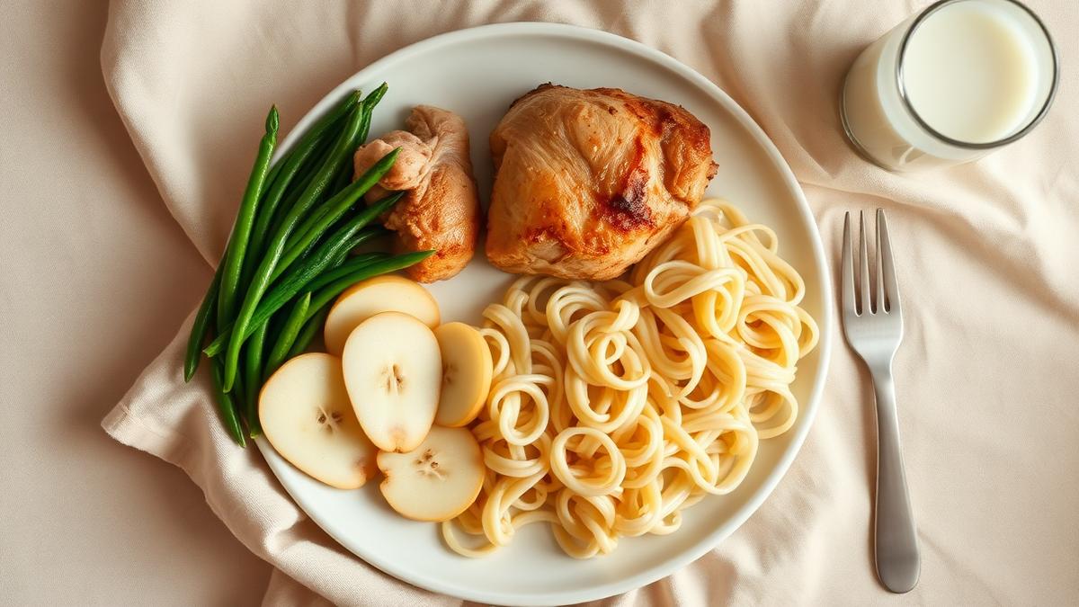 A plate of roast chicken, plain pasta, pear slices and green beans with a glass of milk