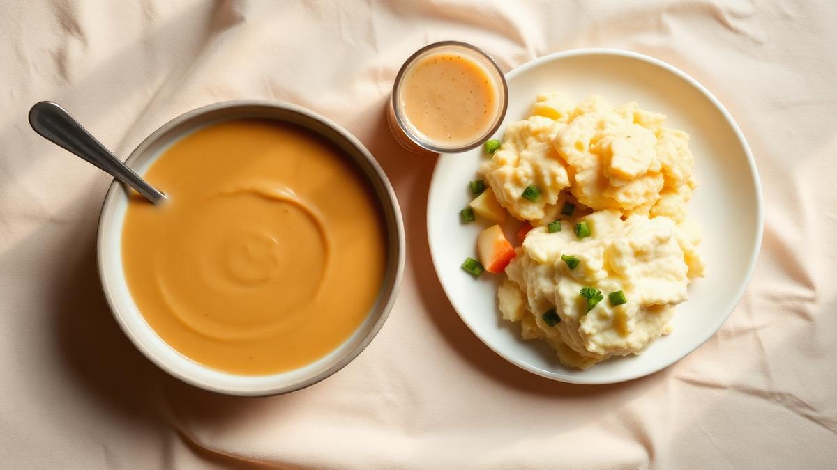 A bowl of smooth pureed soup with a nutrition smoothie and soft mashed potato