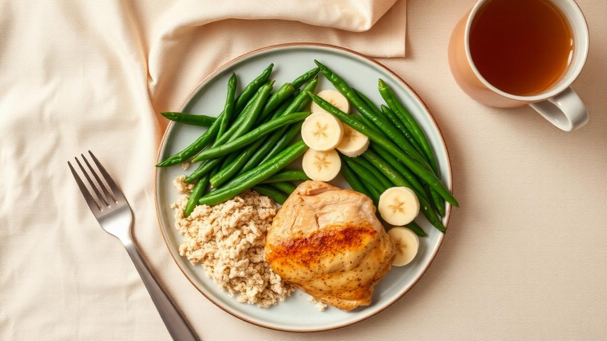 A plate of baked chicken with oatmeal, green beans and banana slices beside ginger tea