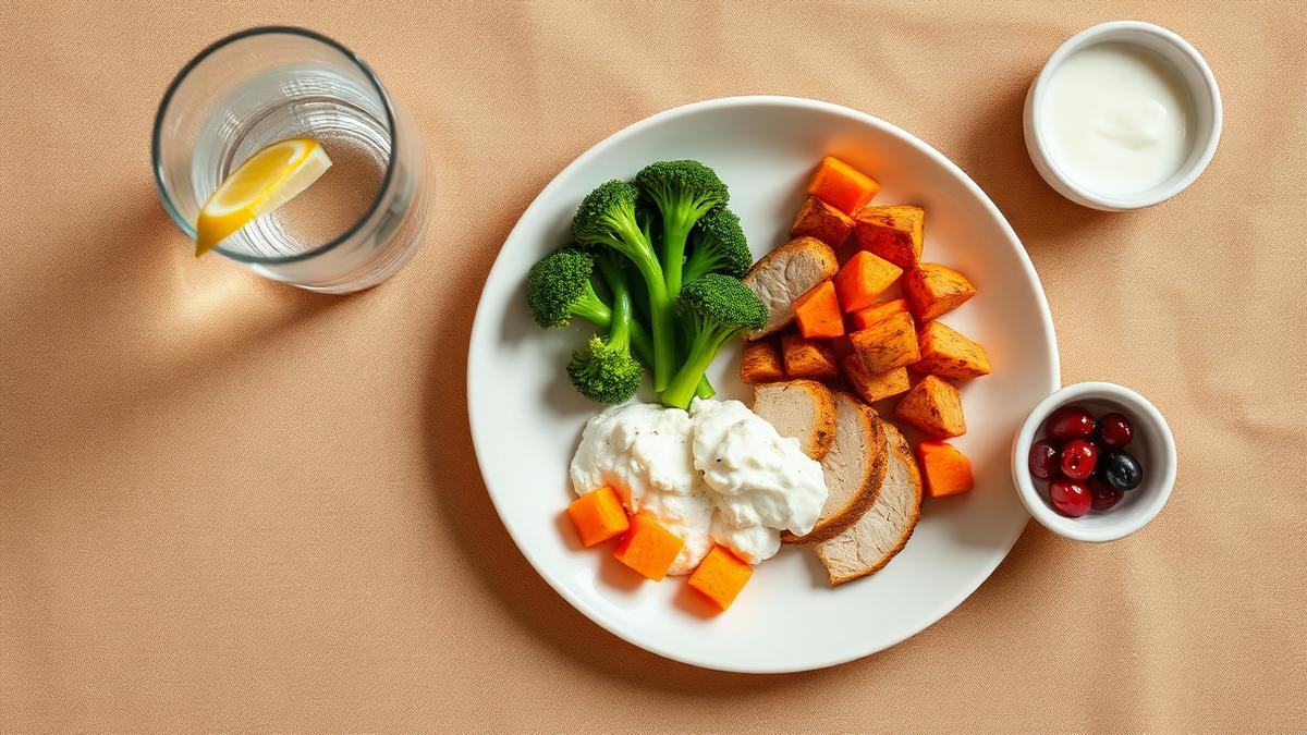 A small portioned plate of grilled chicken, cottage cheese, broccoli and sweet potato with a glass of water