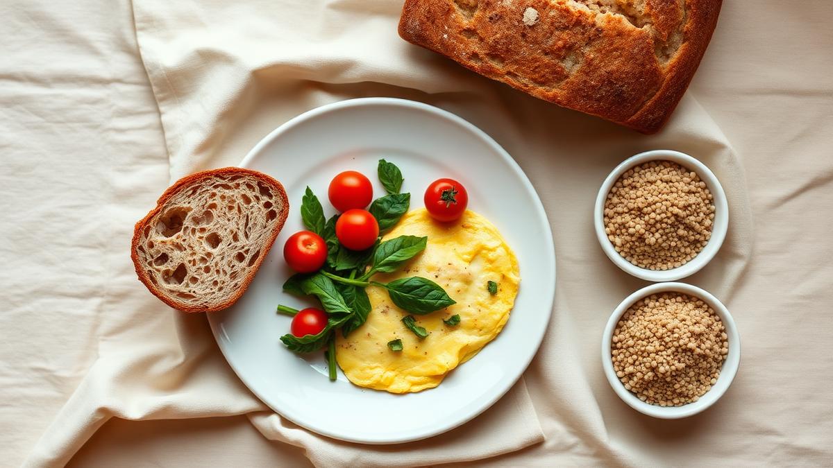 A plate with a spinach omelette, cherry tomatoes and slices of gluten-free bread