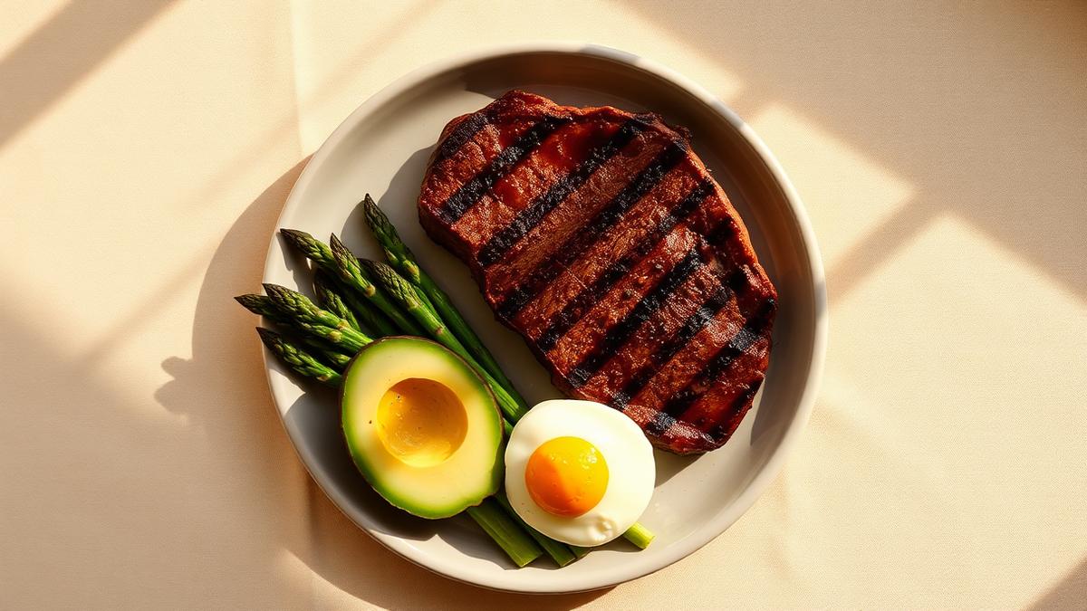 A plate of seared steak, buttered asparagus, avocado and a soft egg