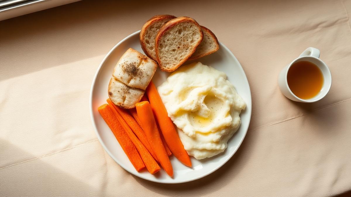 A plate of baked white fish with mashed potato, soft carrots, white toast and broth