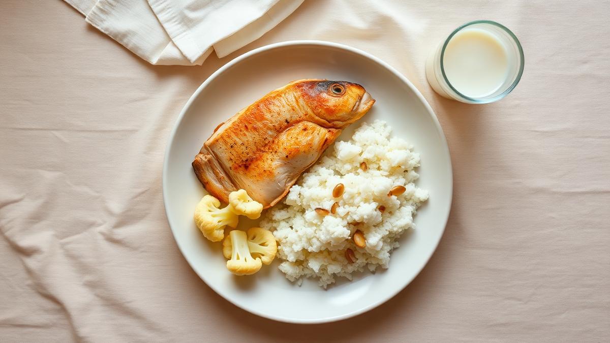 A plate of baked white fish with white rice, cauliflower and a glass of milk