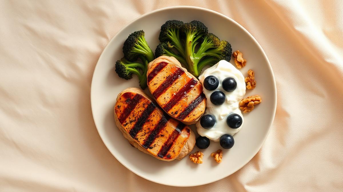 A plate of grilled chicken, roasted broccoli, yogurt with blueberries and walnuts