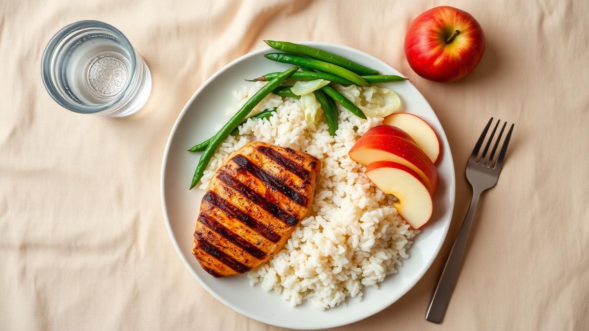 A plate of grilled chicken with white rice, green beans, apple slices and a glass of water