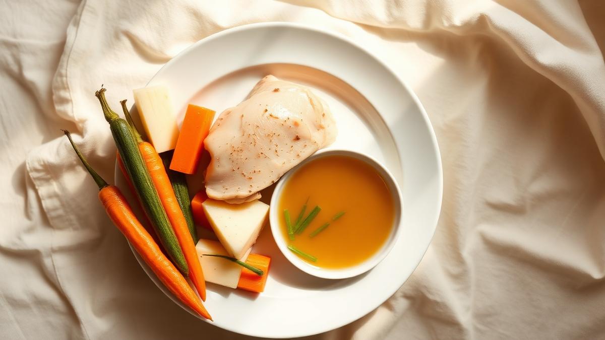 A plate of poached chicken with carrots, zucchini and a small bowl of clear broth